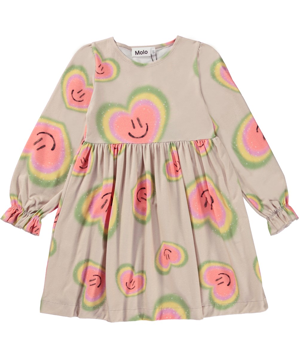 Camie - Aura Hearts - Beige knee length organic dress in all over aura print 