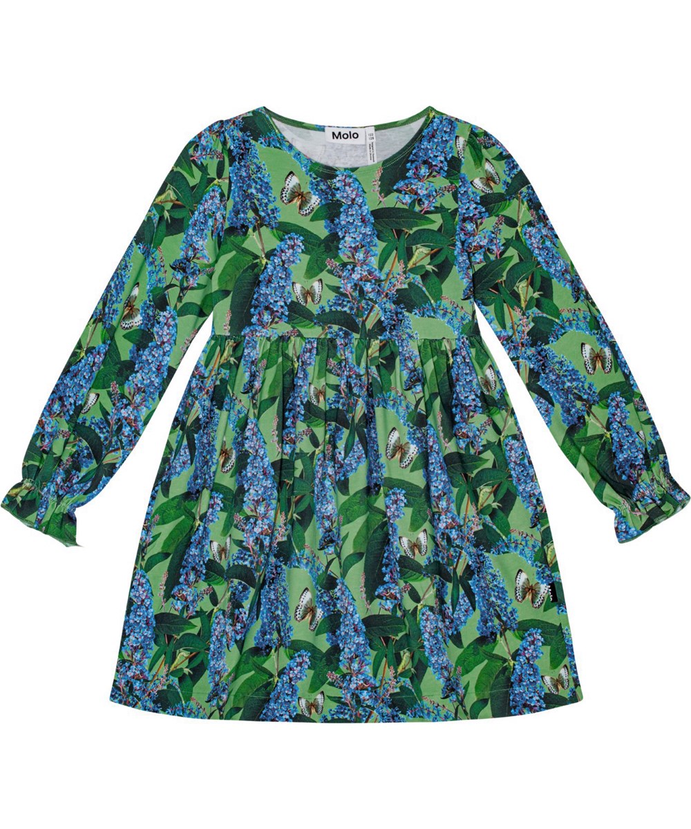 Camie - Buddleja Garden - Loose-fitting green organic cotton dress with ruffle sleeves and butterfly print.