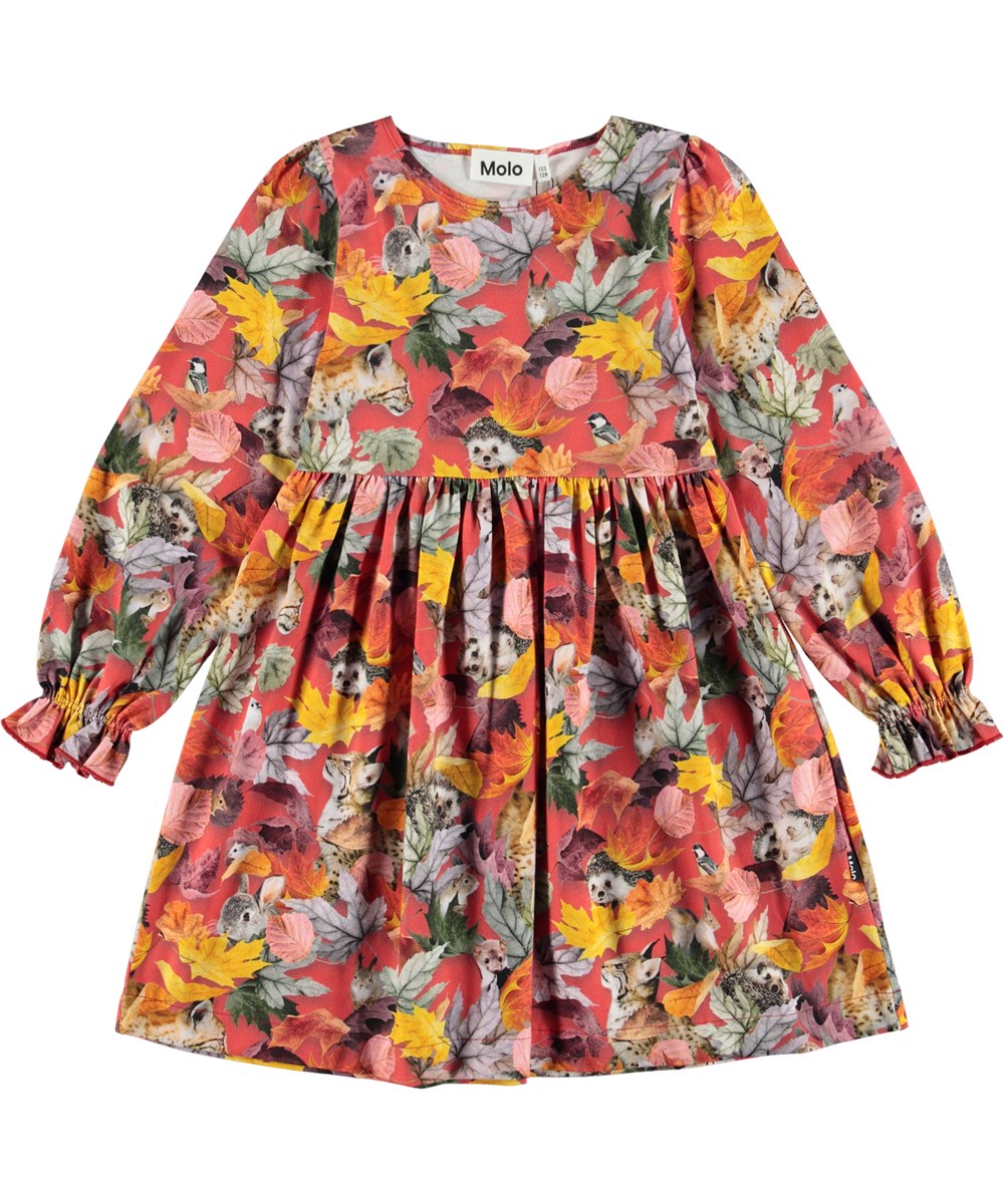 Camie - Forest Play - Red organic dress with animals and leaves 