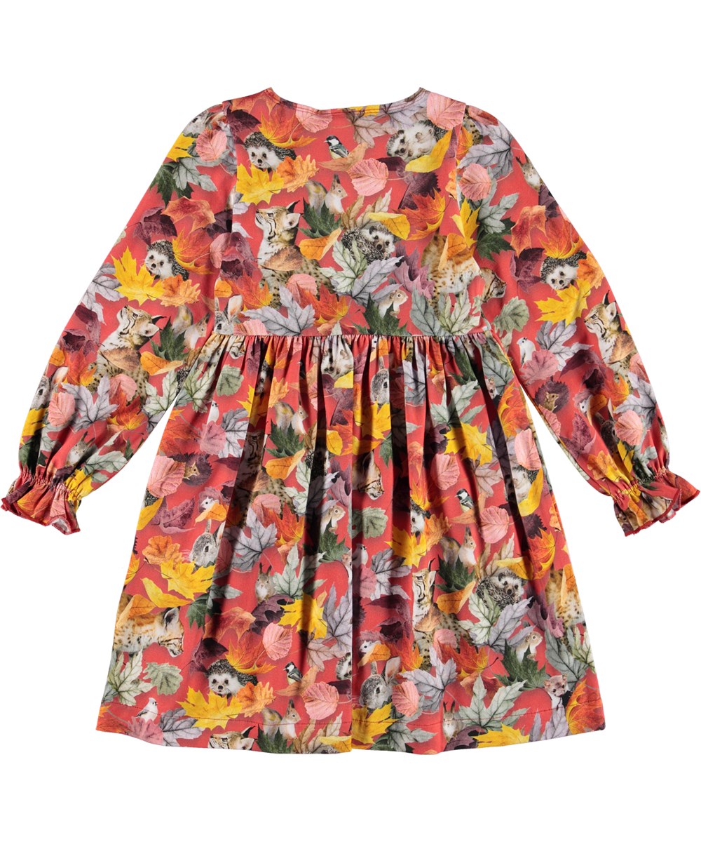 Camie - Forest Play - Red organic dress with animals and leaves 