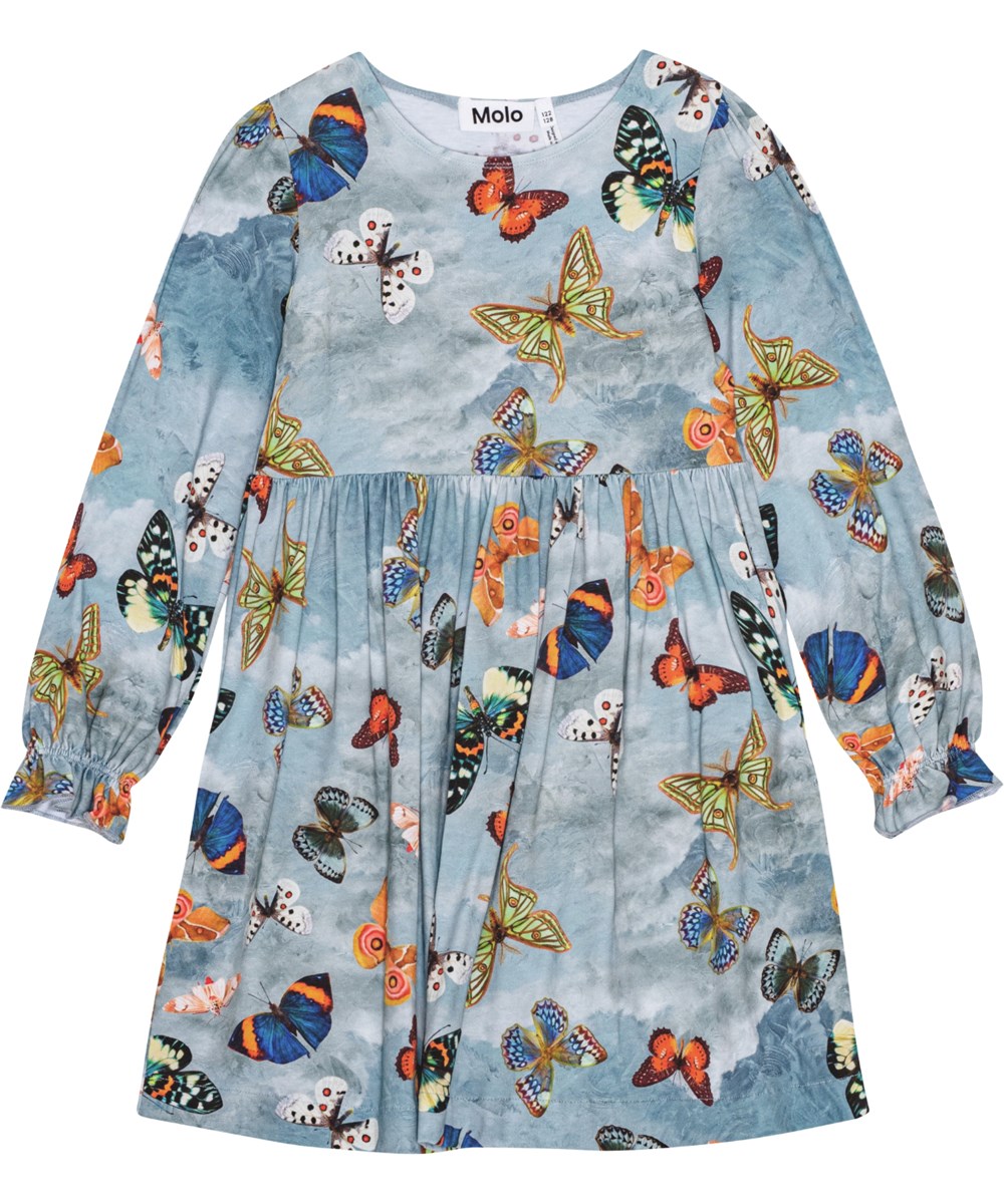 Camie - Les Papillons - Blue organic cotton jersey dress with loose fit and butterfly print.