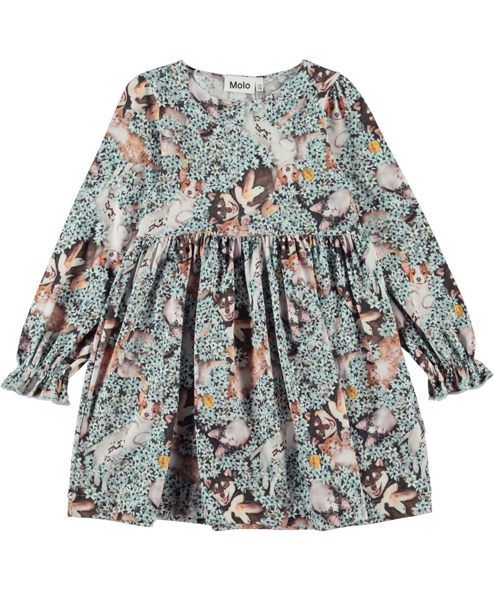 Camie - Park Life - Organic, long sleeve jersey dress in blue flowers and young animals  