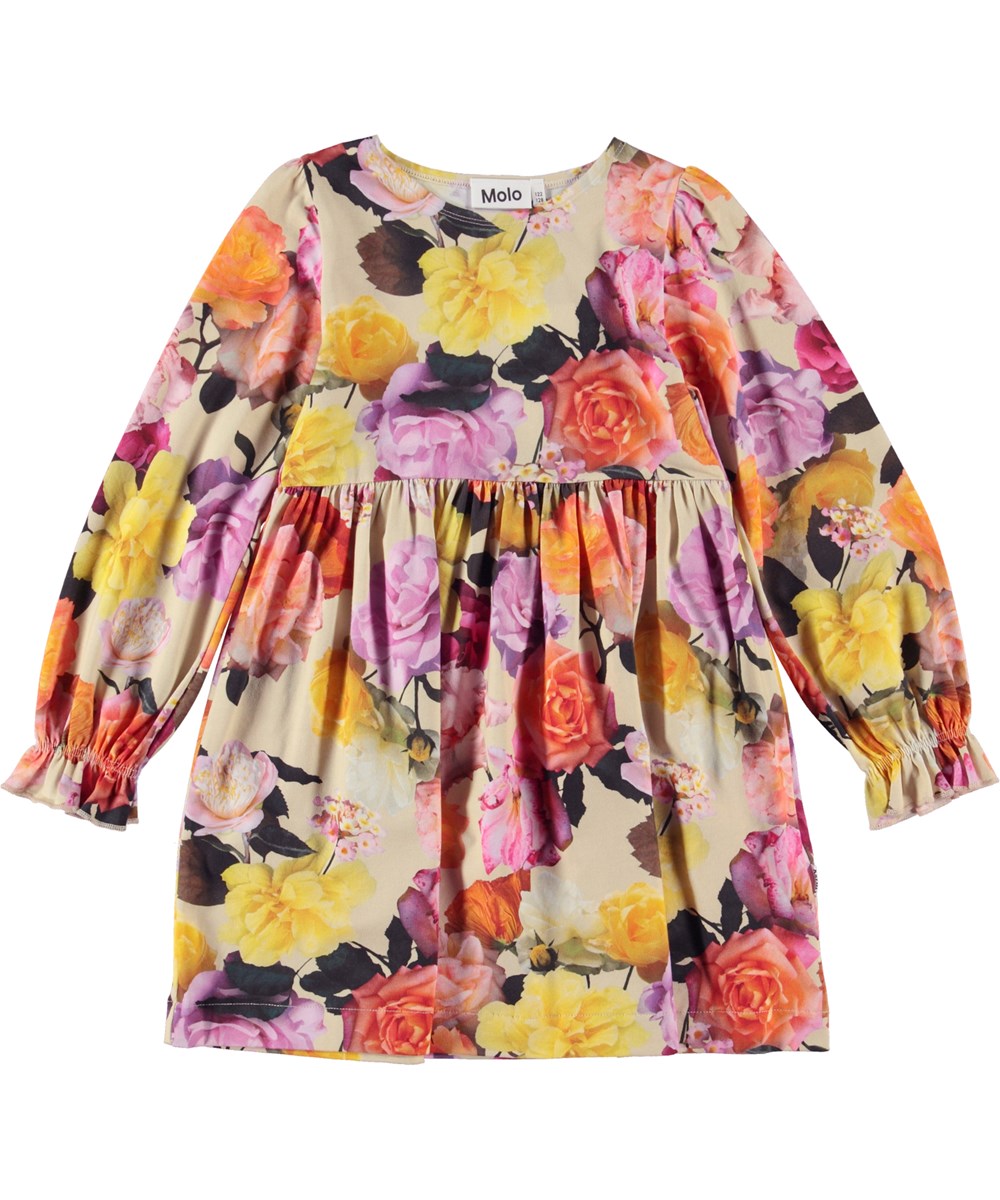 Camie - Rose Garden - Organic, long sleeve jersey dress in rose print 