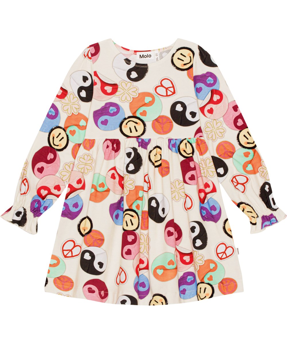 Camie - Yin Yang - Off-white dress in organic cotton with a print of yin/yang symbols 