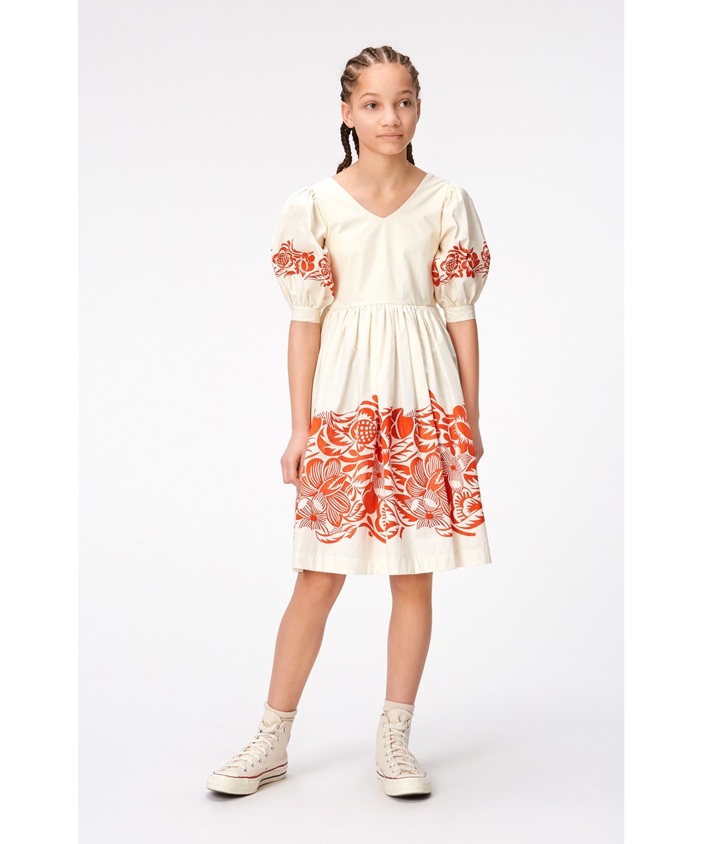 Camilo - Folklore - White dress in organic cotton with floral print 