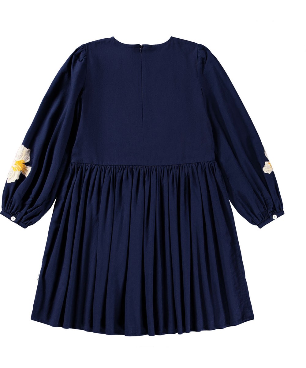 Camma - Galaxy Blue - Knee-length blue dress for children made of cotton with embroidered flowers.