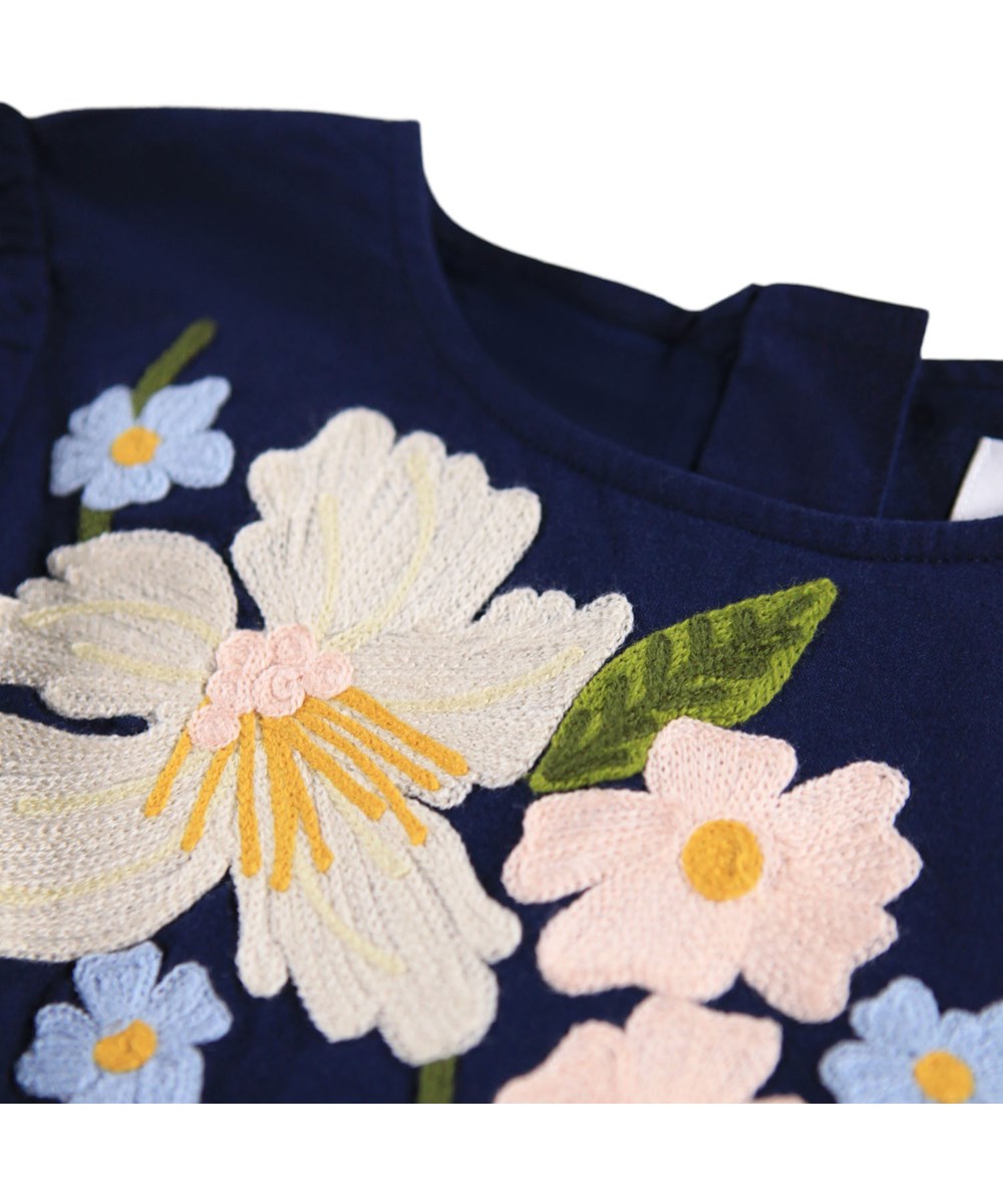 Camma - Galaxy Blue - Knee-length blue dress for children made of cotton with embroidered flowers.