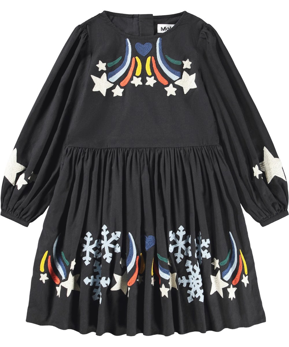 Camma - Shooting Star - Knee-length black dress for children made of cotton with embroidered shooting stars and ice crystals.