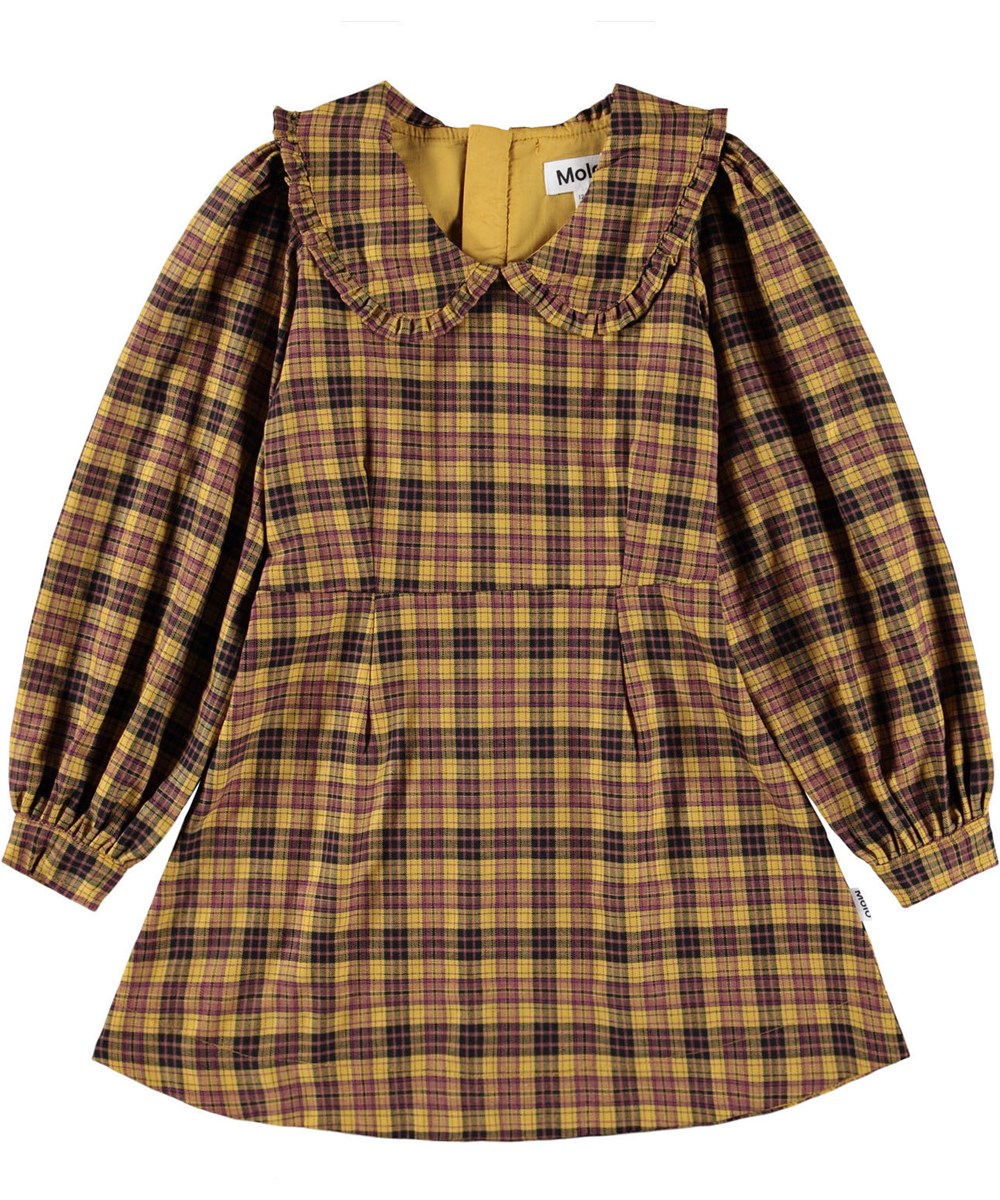 Candice - Highland Check - Long-sleeved short dress for children in yellow and brown check.