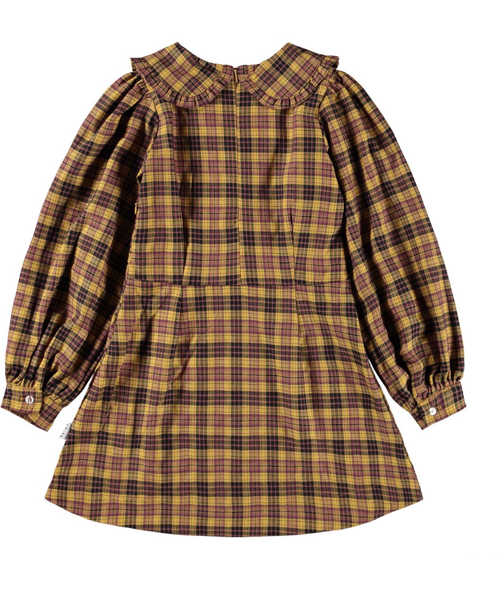 Candice - Highland Check - Long-sleeved short dress for children in yellow and brown check.
