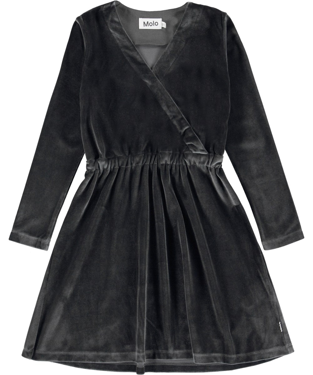 Caprice - Space Grey - Dark grey velour wrap around dress