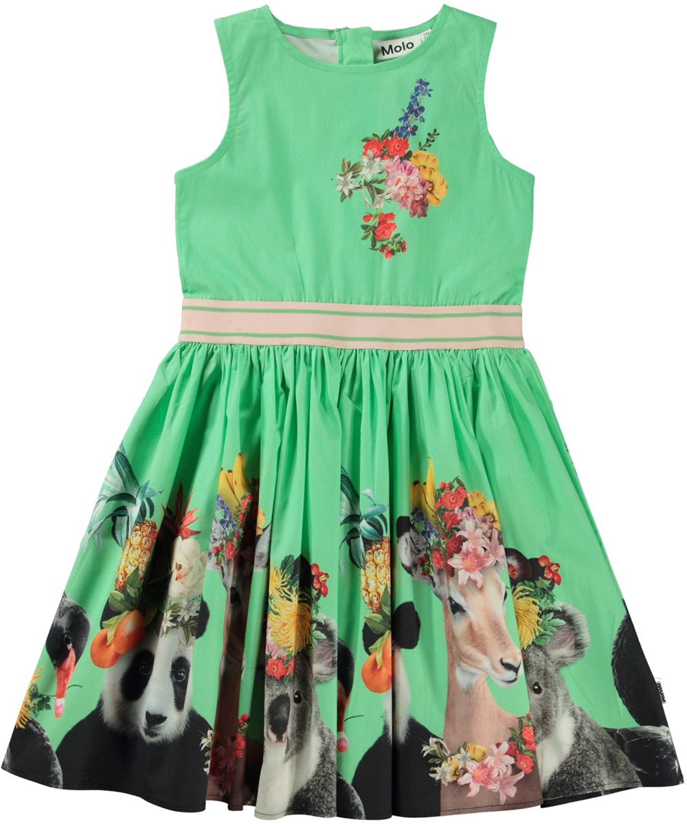 Carli - Fruitilicious - Green organic sleeveless dress with tropical animal print