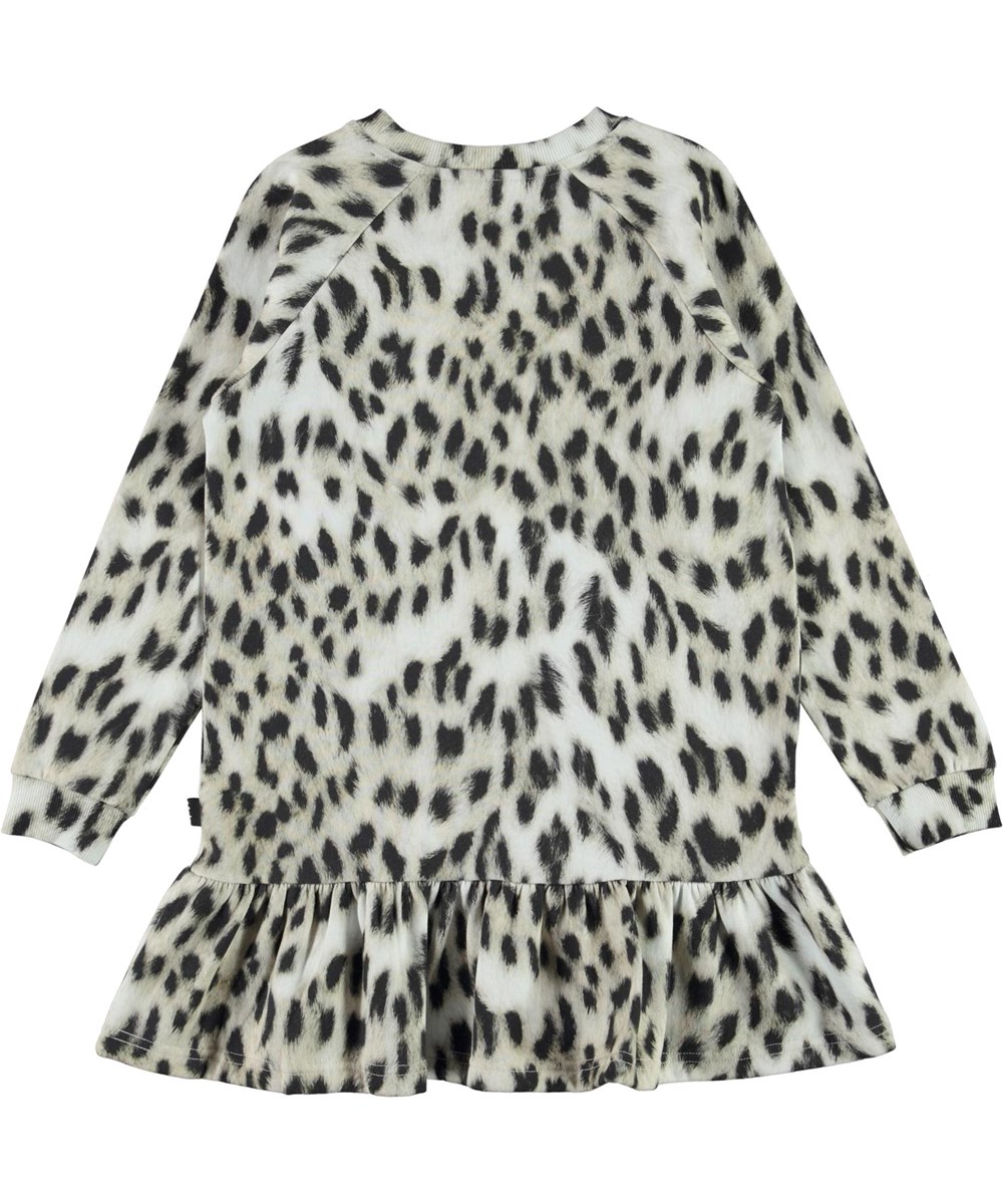 Carlotta - Snowy Leo Fur - Organic sweatshirt dress with leopard dots