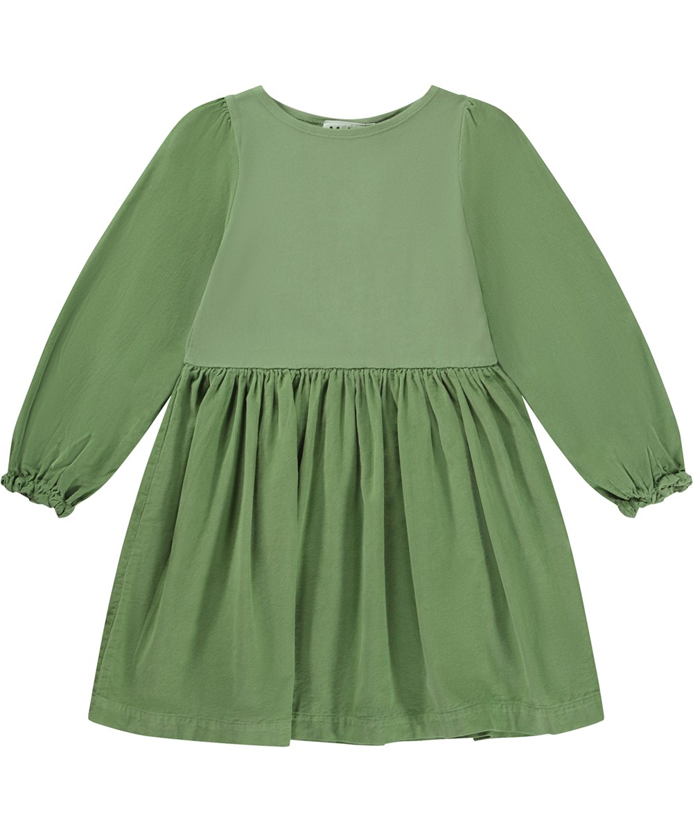 Caro - Moss Green - Green knee length organic dress with sleeves and skirt in pin wale corduroy