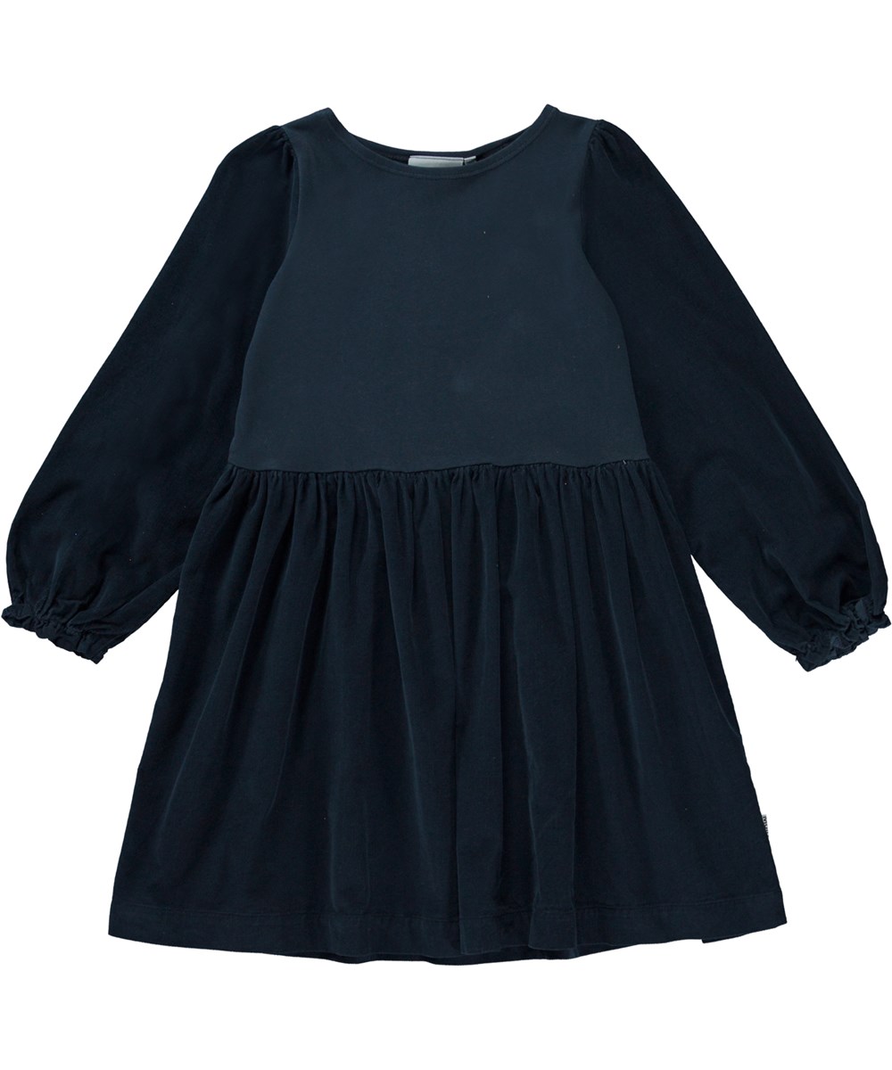 Caro - Navy Sky - Dark blue knee length organic dress with sleeves and skirt in pin wale corduroy 