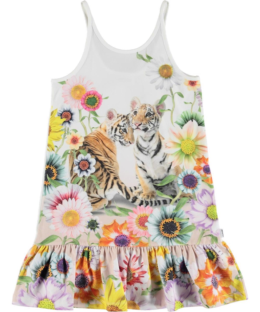 Carrie - Happy Tigers - White organic strap dress with tigers and flowers 