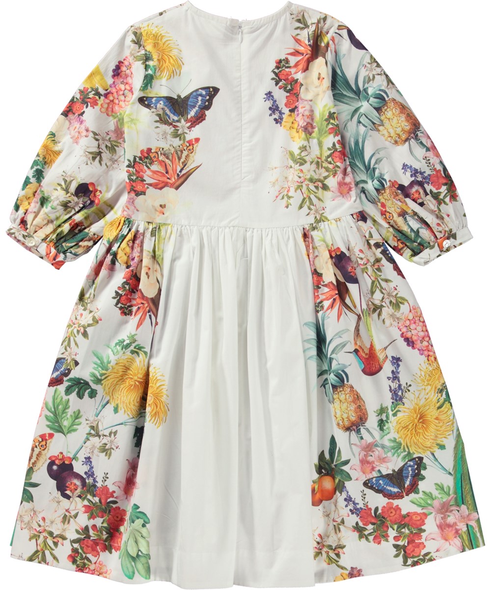 Casey - Tropical - White, organic knee length dress with tropical print