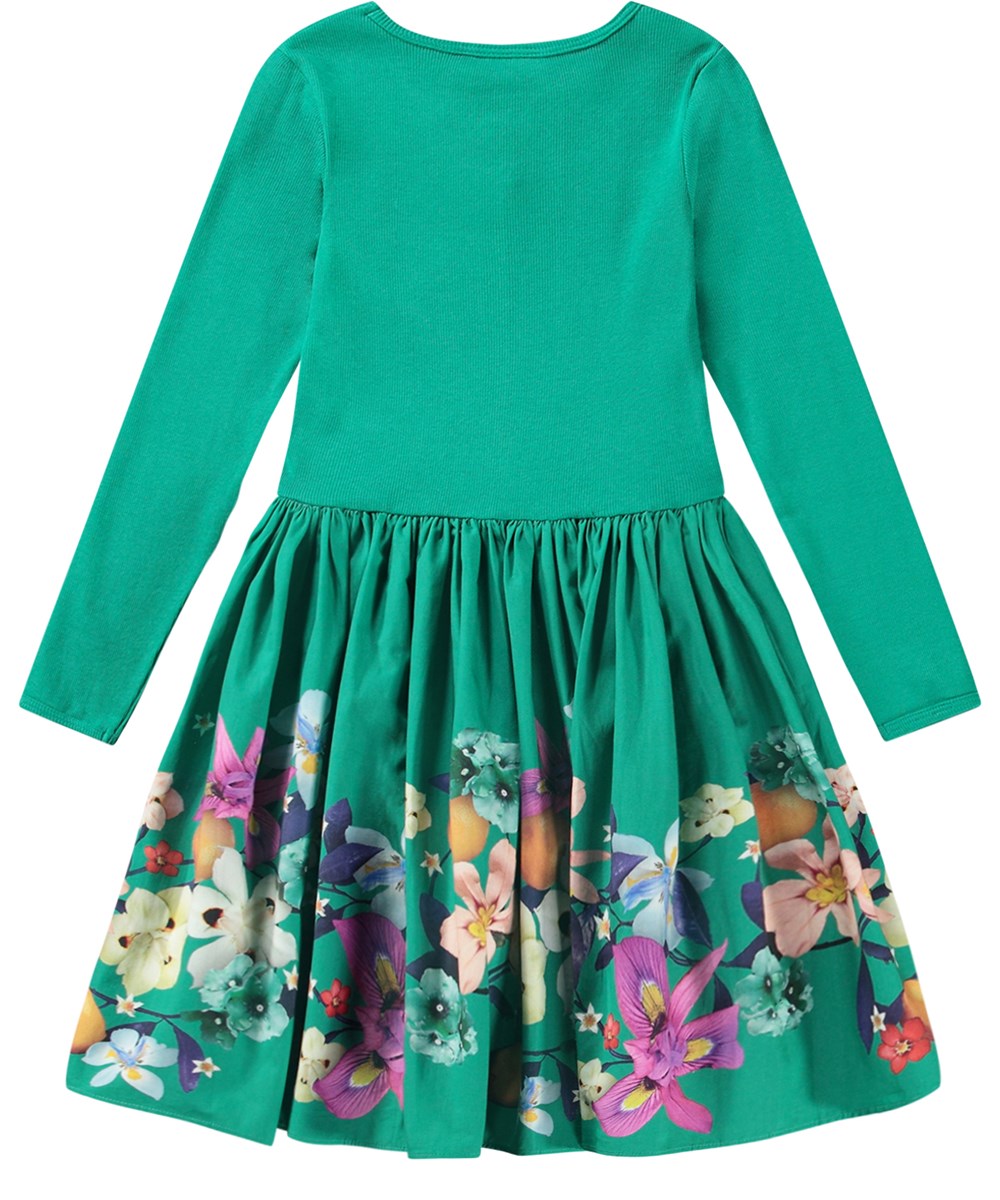 Casie - Colourful Garden - Green organic cotton dress with snug ribbed top and floral print.