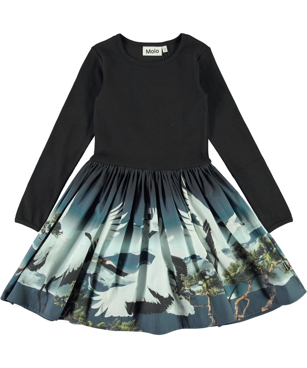 Casie - Cranes - Black organic dress with bird print