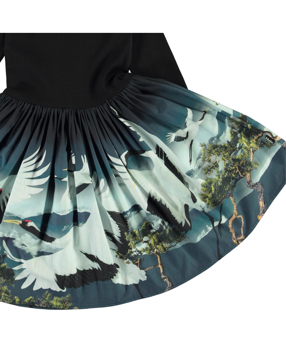 Casie - Cranes - Black organic dress with bird print