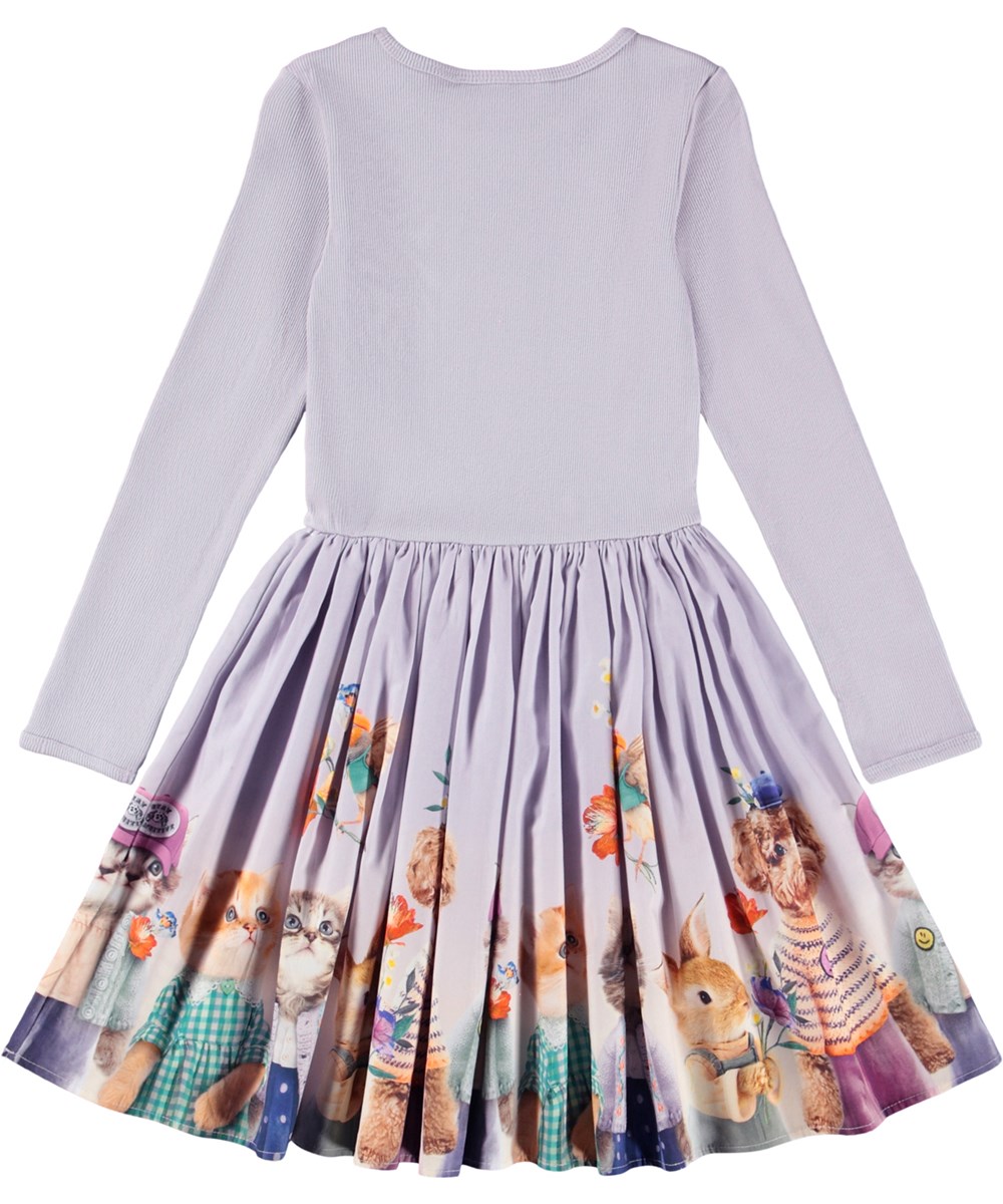 Casie - Cuties - Long-sleeved light purple dress for children made of organic cotton with a poplin skirt and a print of animals dressed in clothes.