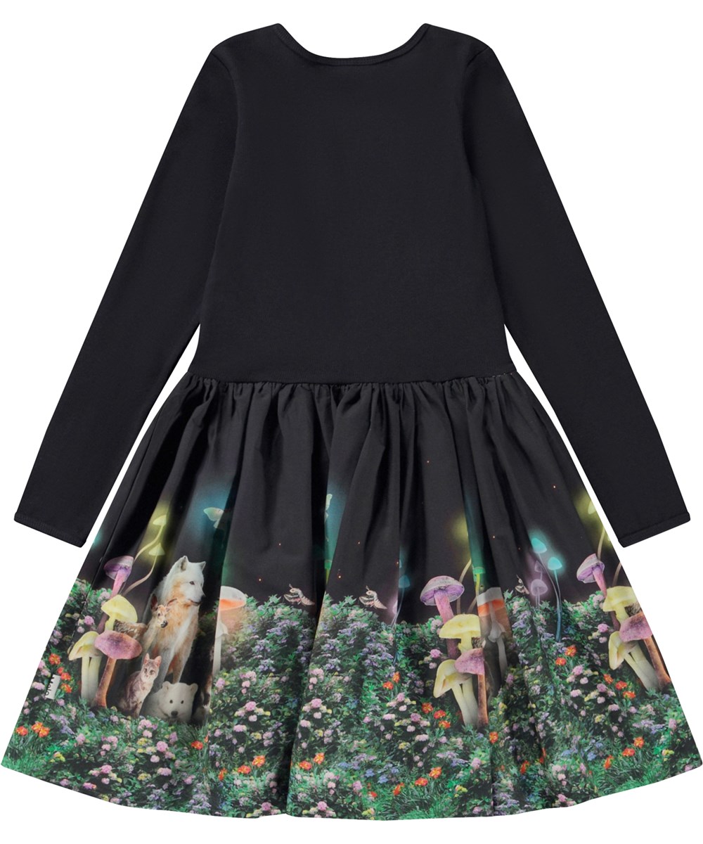 Casie - Firefly Magic - Black knee length organic dress with printed poplin skirt