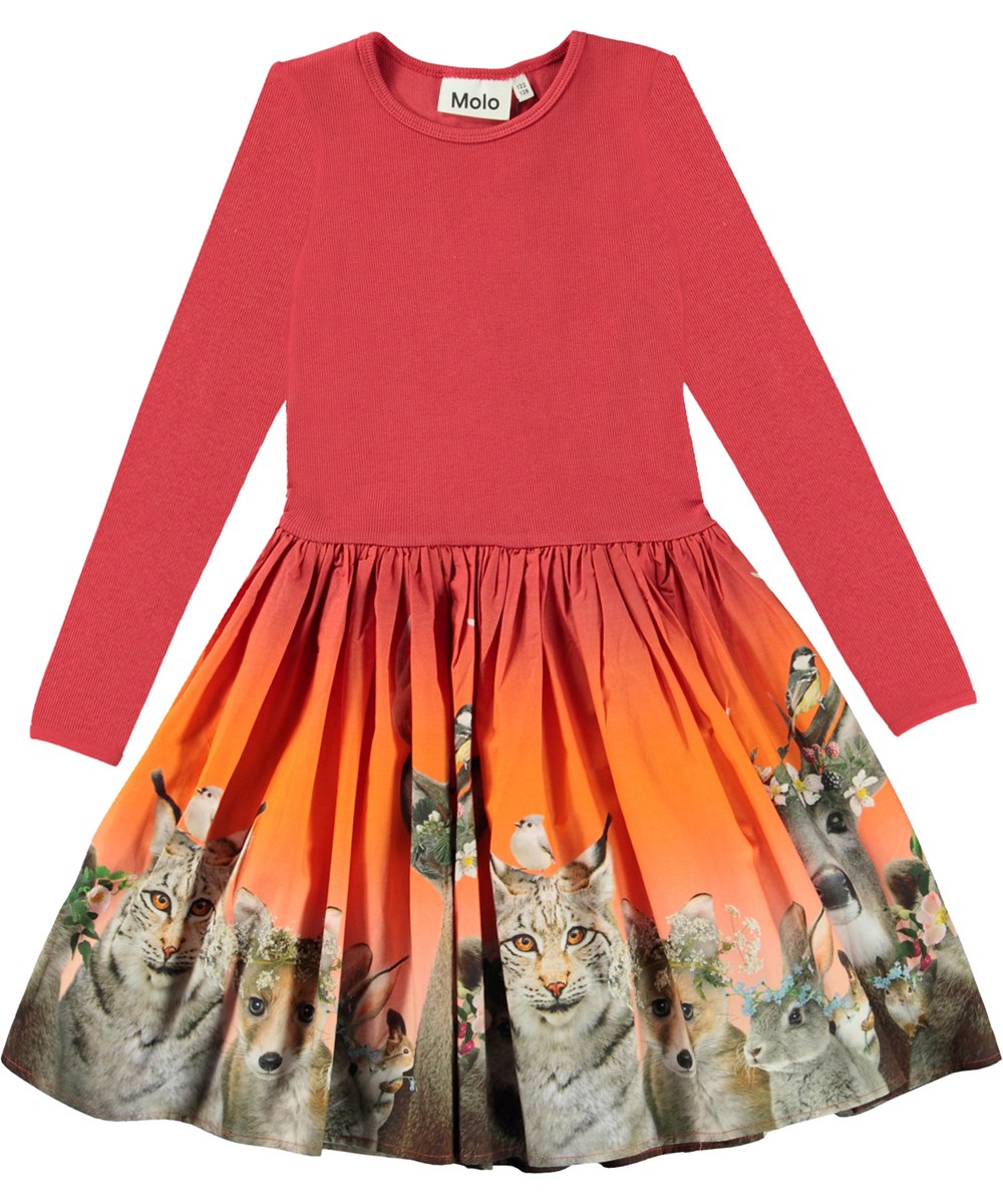 Casie - Flower Crowns - Red organic dress with animal print