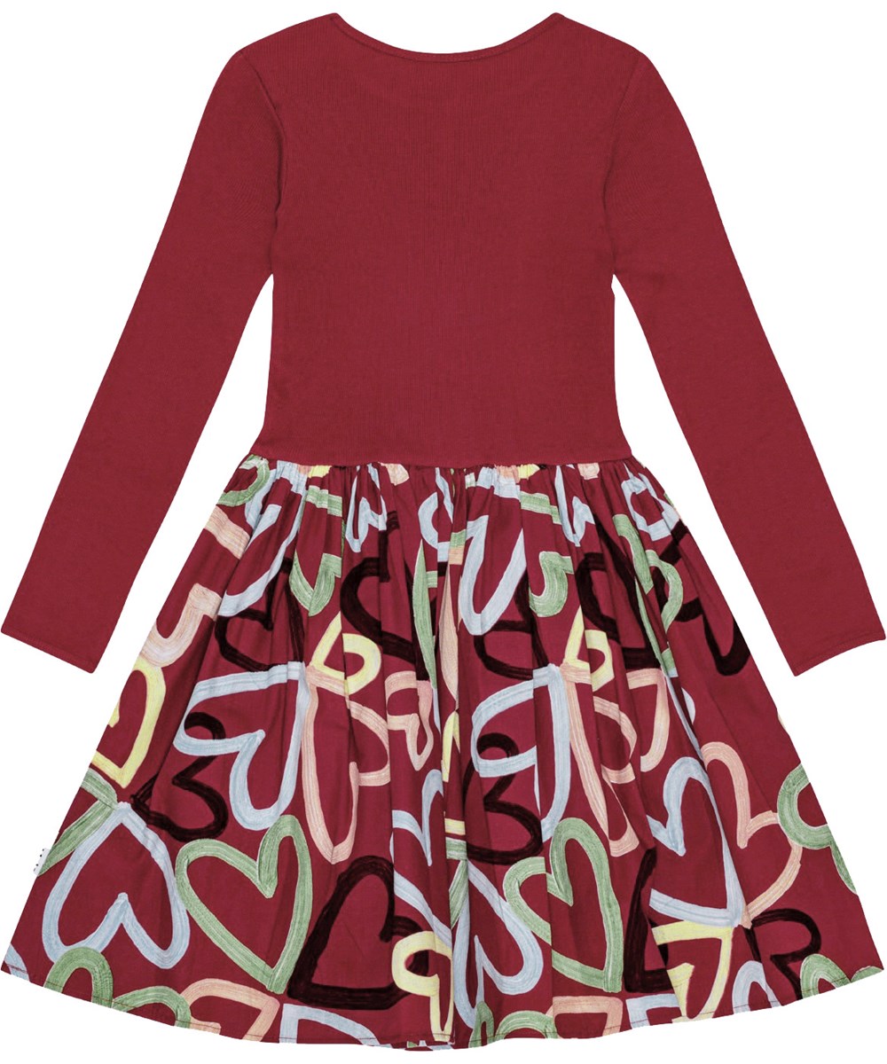 Casie - Flutters Of Love - Bordeaux dress in organic cotton with hand-painted heart print.