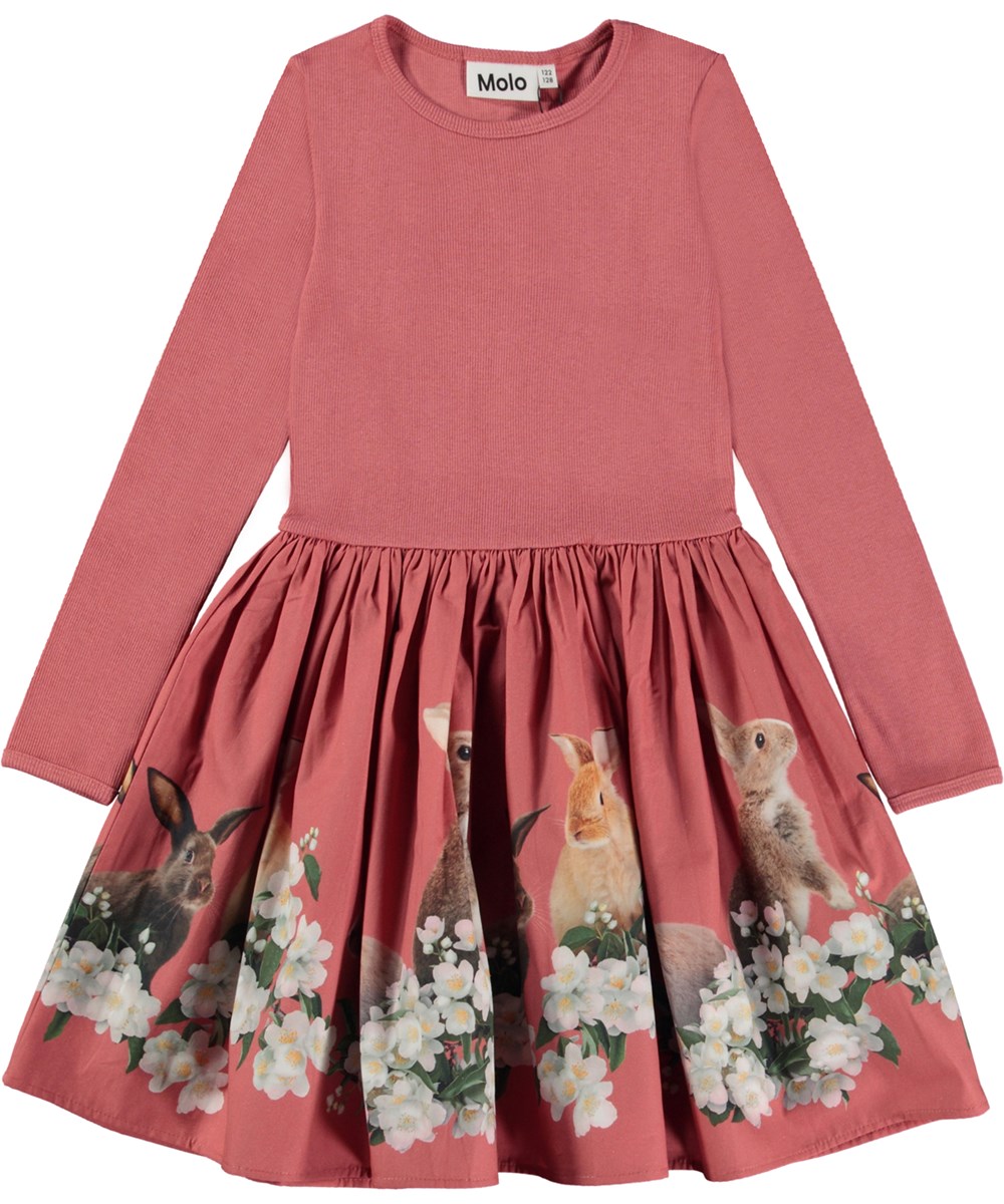 Casie - Forest Bunnies - Rose knee length organic dress with printed poplin skirt