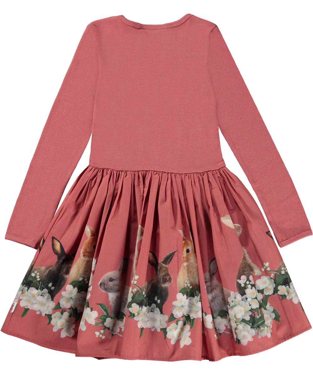 Casie - Forest Bunnies - Rose knee length organic dress with printed poplin skirt