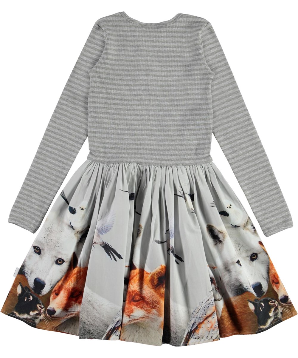 Casie - Friendly - Grey organic dress with animals and stripes 