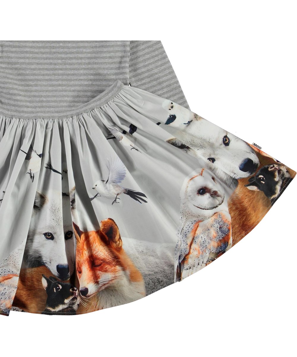 Casie - Friendly - Grey organic dress with animals and stripes 