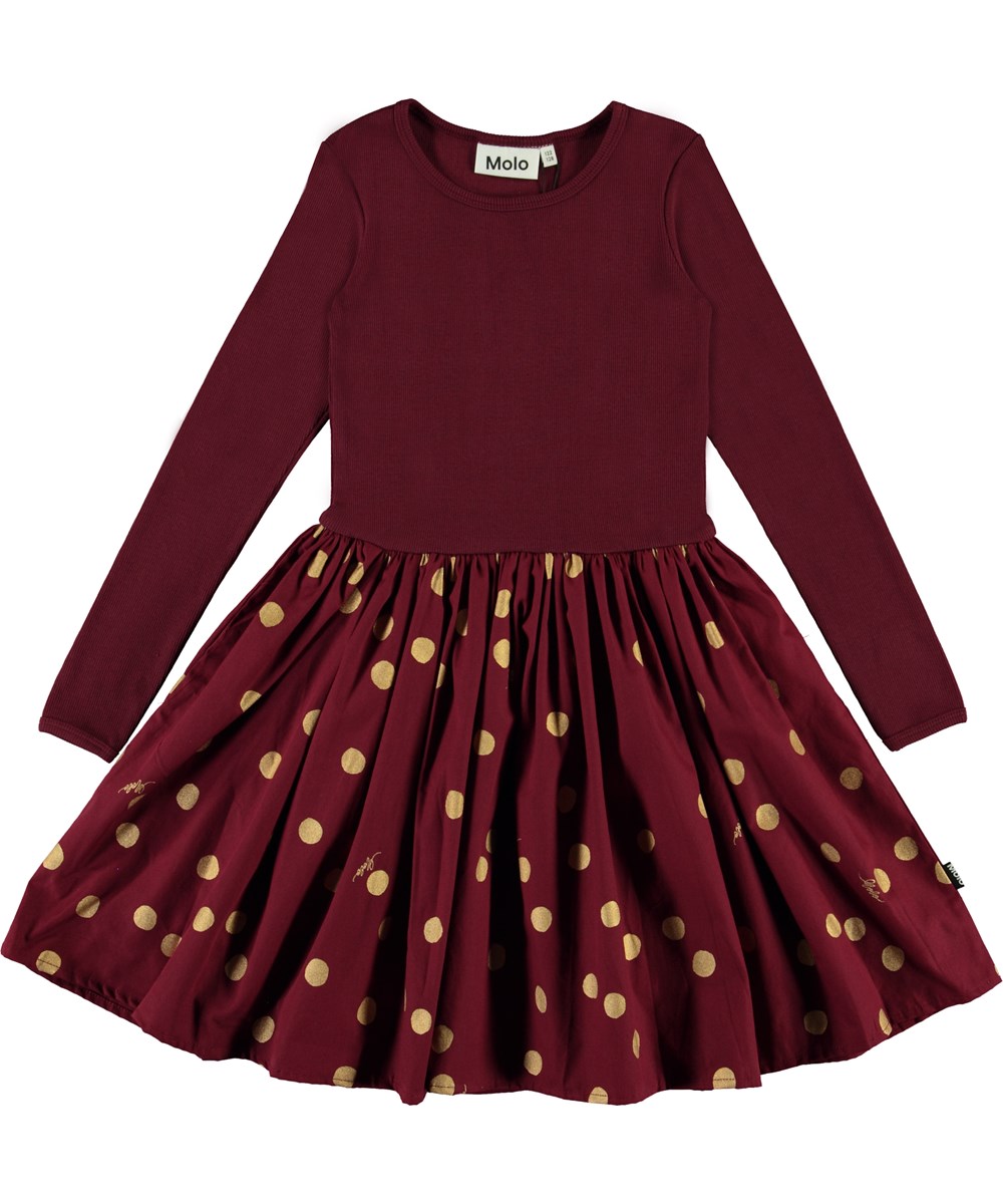 Casie - Gold Dots - Dark red organic dress with yellow polka dots 