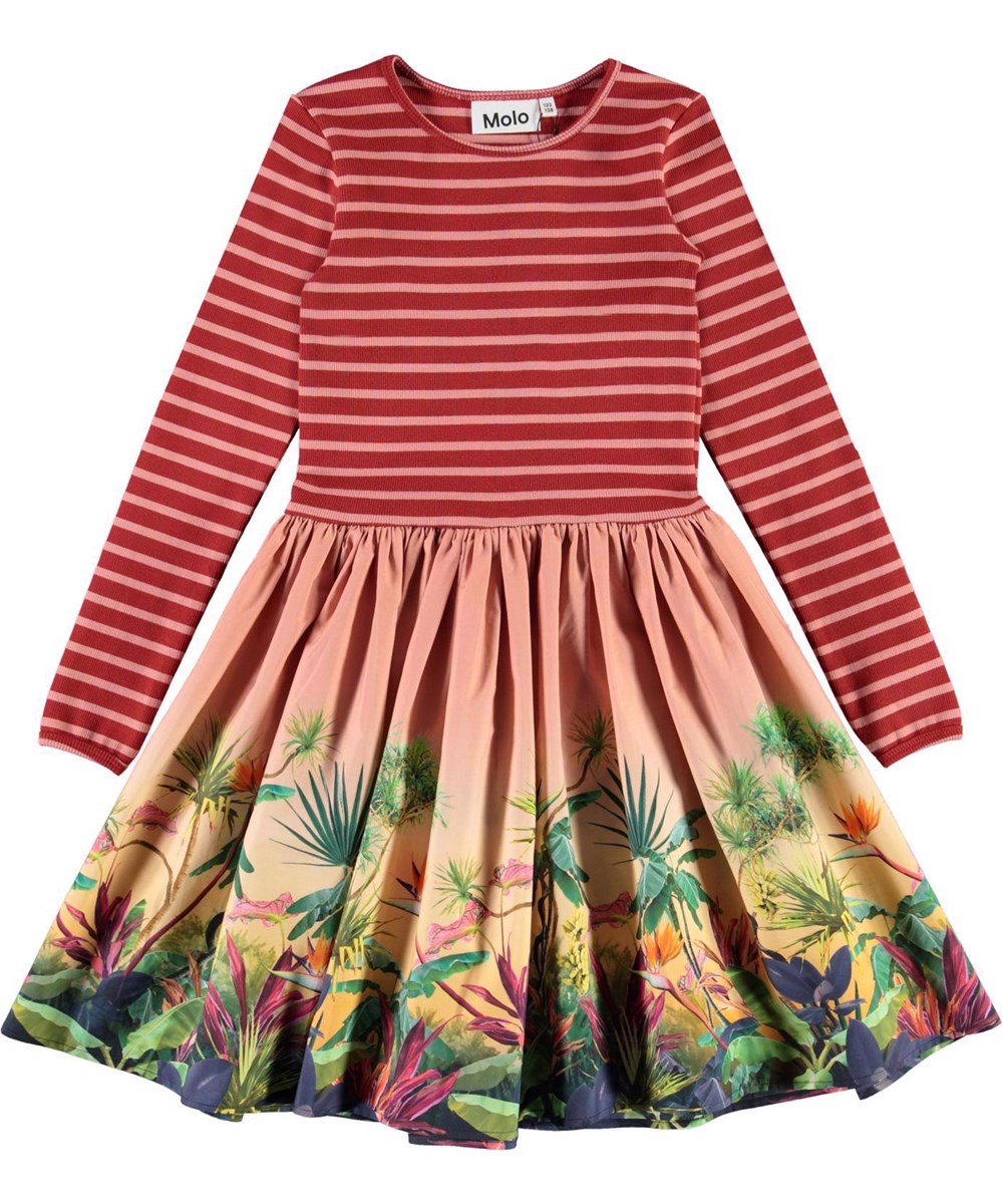 Casie - Jungle Border - Red and rose organic dress with plant print 