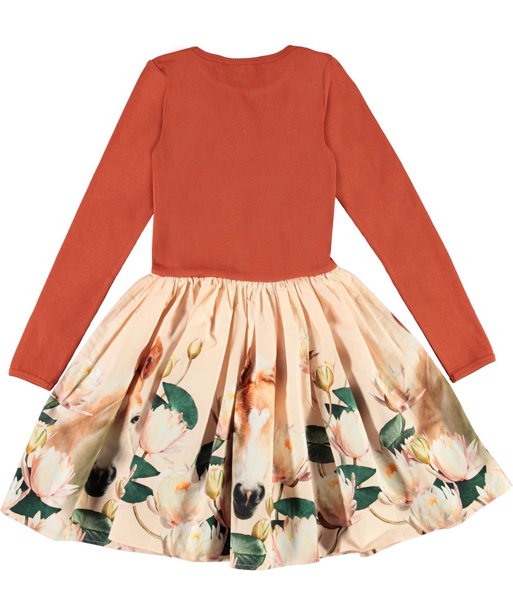 Casie - Little Foal - Red organic dress with foal and water lilies 