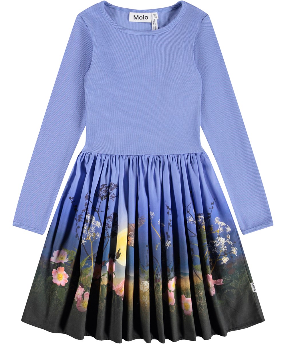 Casie - Moonrise - Long-sleeved blue dress for children made of organic cotton with a poplin skirt and a nature print.