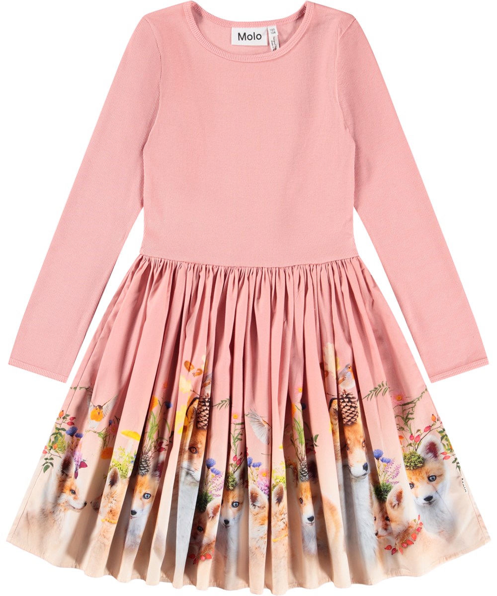 Casie - Nature Glam - Long-sleeved pink dress for children made of organic cotton with a poplin skirt and a print of decorated animals.