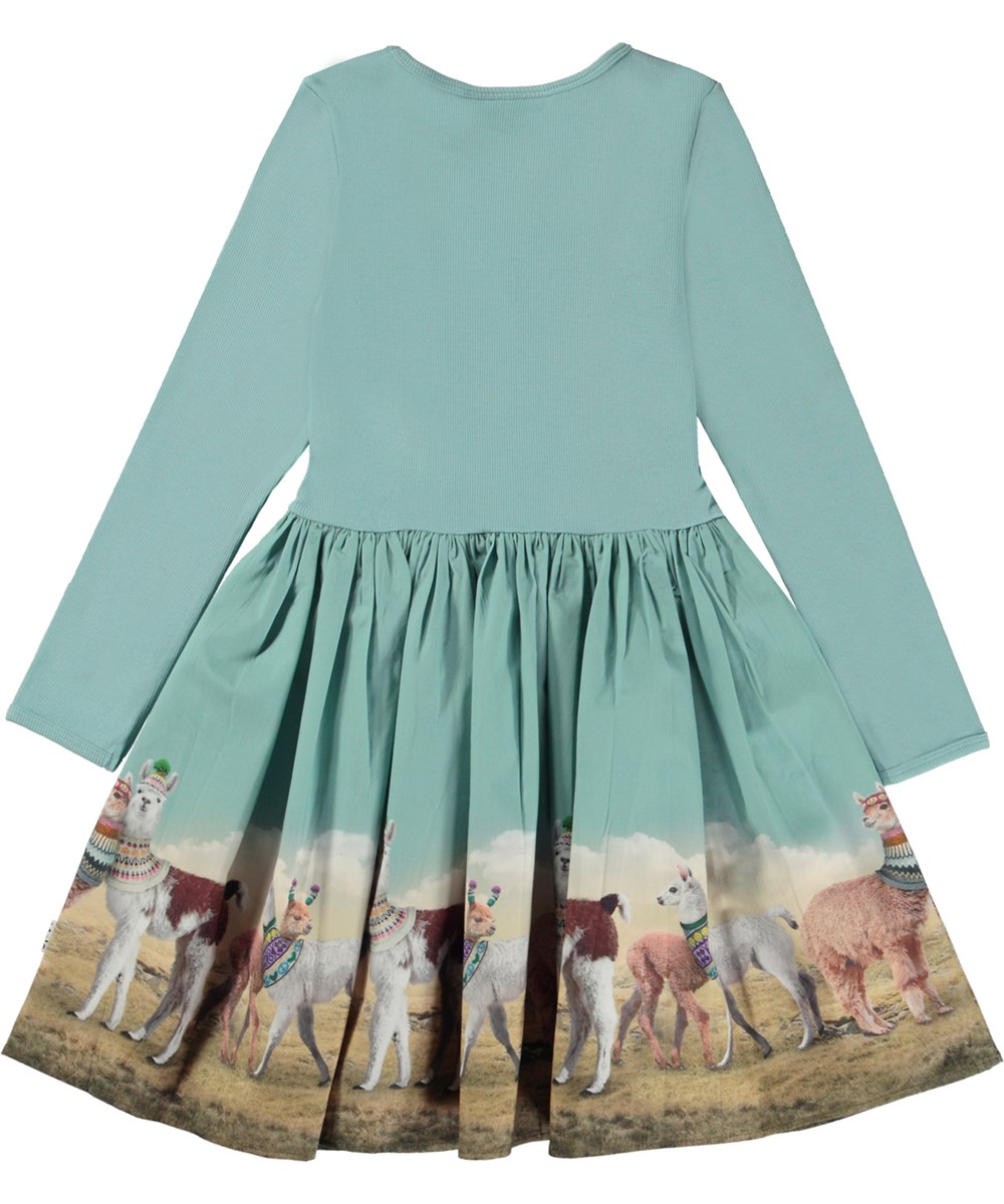 Casie - Out And About - Light blue knee length organic dress with printed poplin skirt
