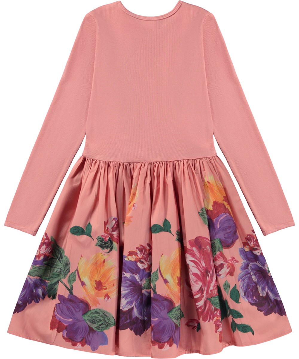Casie - Painted Border - Pink knee length organic dress with printed poplin skirt