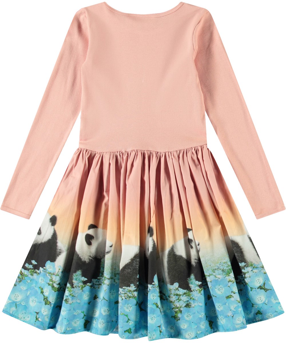 Casie - Pandamazing - Long-sleeved pink dress for children in organic cotton with a snug ribbed jersey top and poplin skirt.