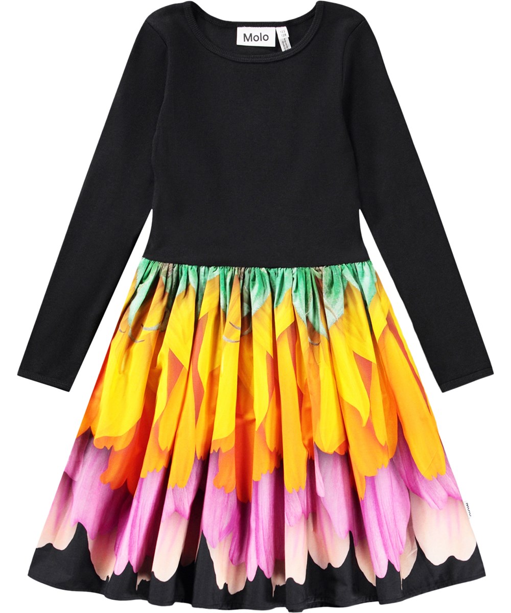 Casie - Rainbow Petals - Black dress for children made of soft, organic cotton with long sleeves 