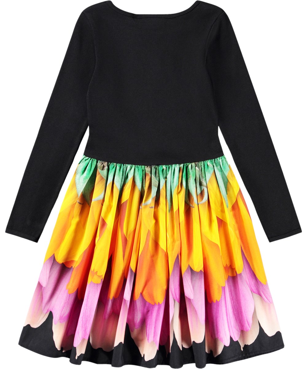 Casie - Rainbow Petals - Black dress for children made of soft, organic cotton with long sleeves 