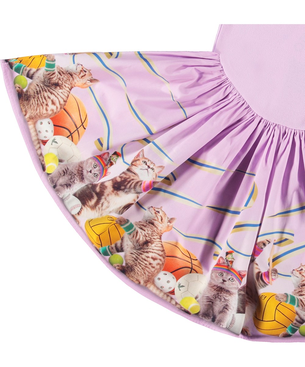 Casie - Sporty Cats - Pink organic cotton dress with kitten print and voluminous skirt.