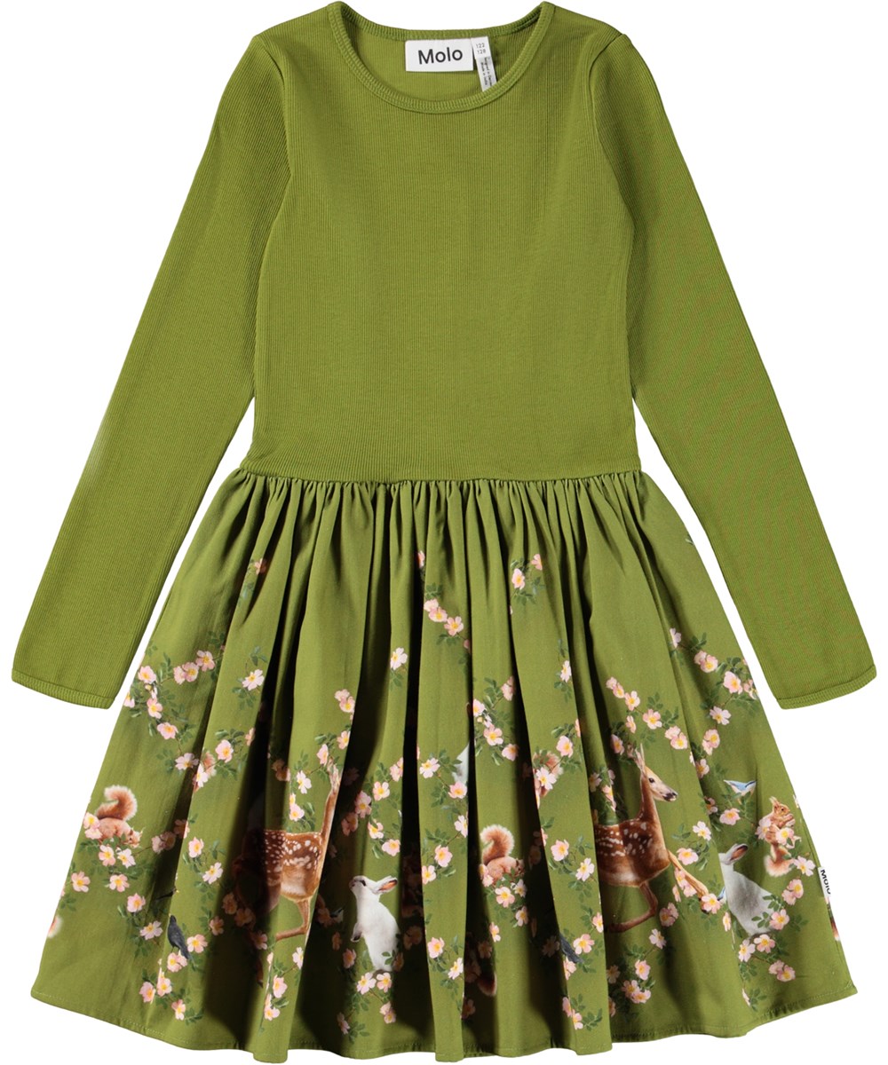 Casie Warm - Argyle Forest - Long-sleeved green dress for children made of organic cotton with a skirt made of brushed cotton flannel.