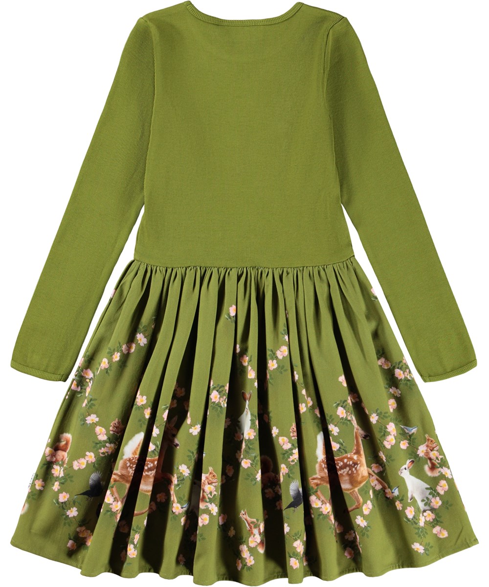 Casie Warm - Argyle Forest - Long-sleeved green dress for children made of organic cotton with a skirt made of brushed cotton flannel.