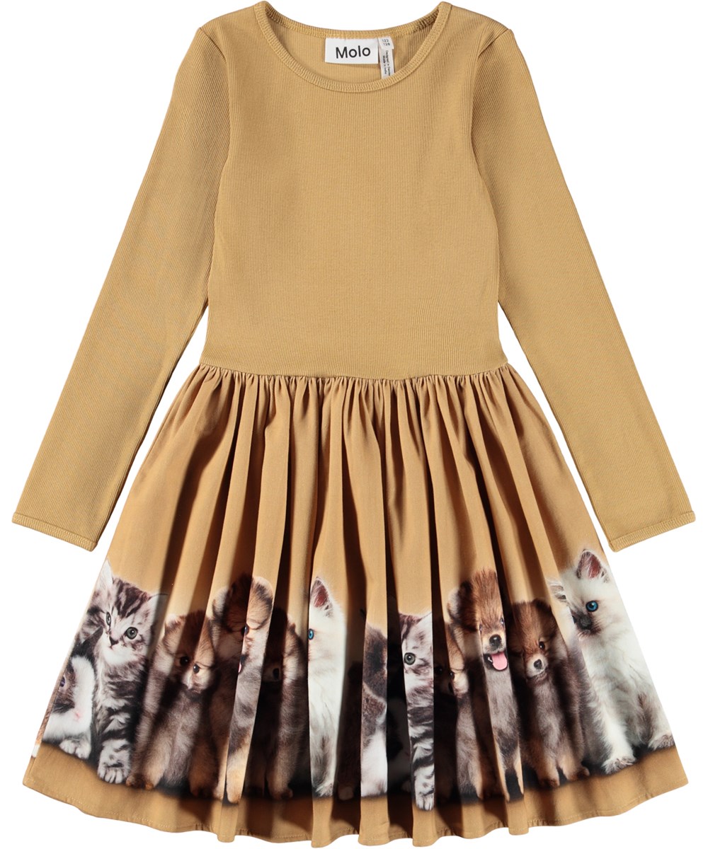 Casie Warm - Fluffiness - Long-sleeved brown dress for children made of organic cotton with a skirt made of brushed cotton flannel.