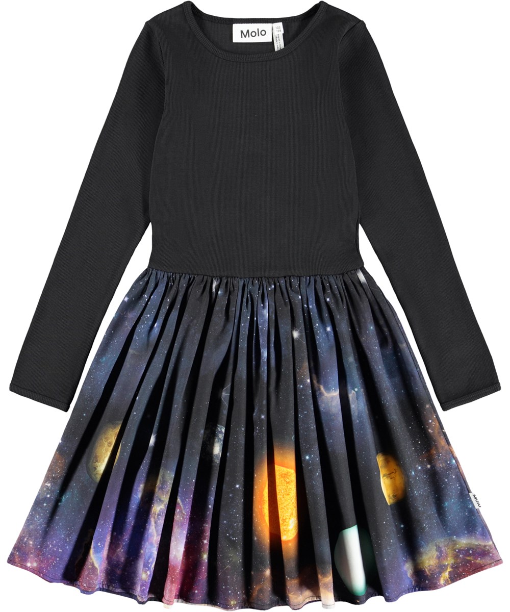 Casie Warm - Made Of Stardust - Long-sleeved black dress for children made of organic cotton with a skirt made of brushed cotton flannel.