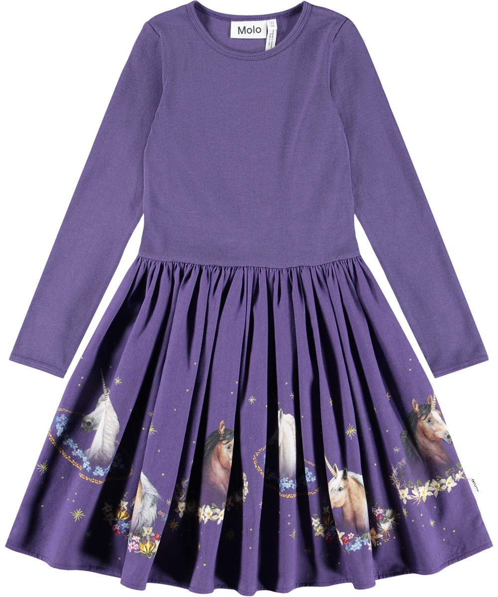 Casie Warm - Unicorn Cosmos - Long-sleeved purple dress for children made of organic cotton with a skirt made of brushed cotton flannel.