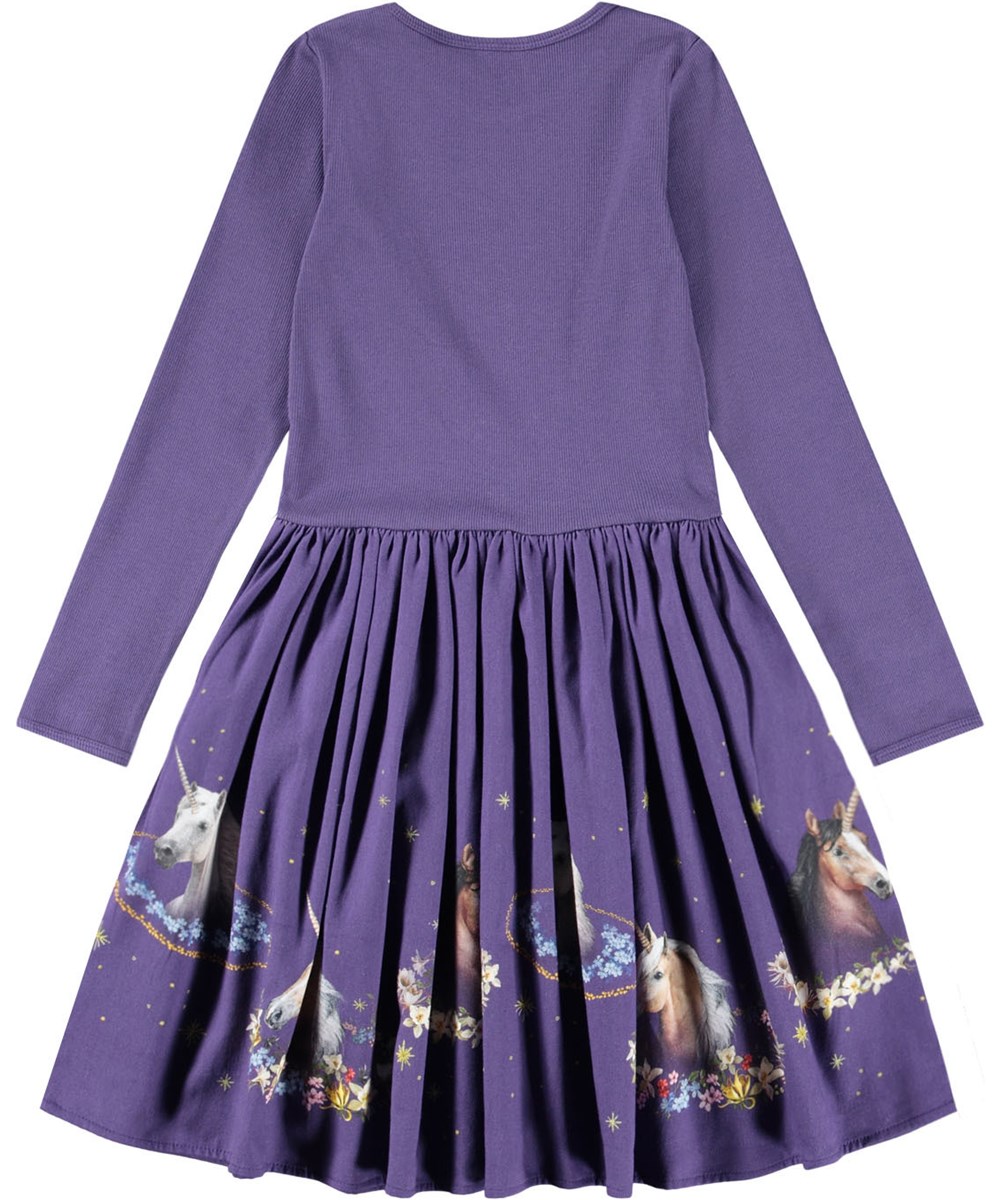 Casie Warm - Unicorn Cosmos - Long-sleeved purple dress for children made of organic cotton with a skirt made of brushed cotton flannel.