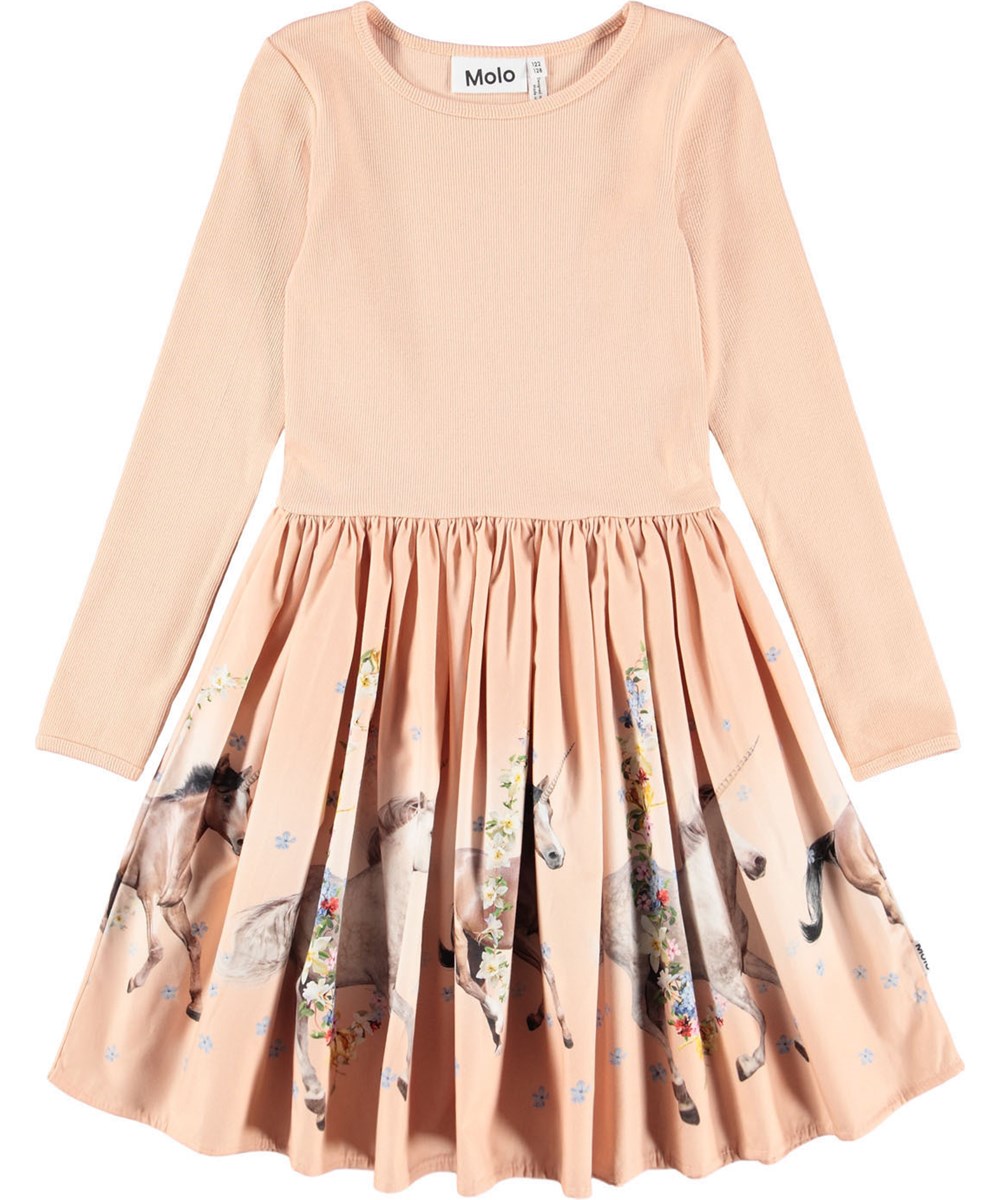 Casie Warm - Universal Flora - Long-sleeved cream-coloured dress for children made of organic cotton with a skirt made of brushed cotton flannel.